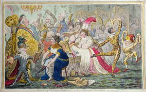 Dilettanti Theatricals, avagy Kukucskál a zöld szobában, Hannah Humphrey adta ki 1803-ban (kézzel színezett rézkarc)